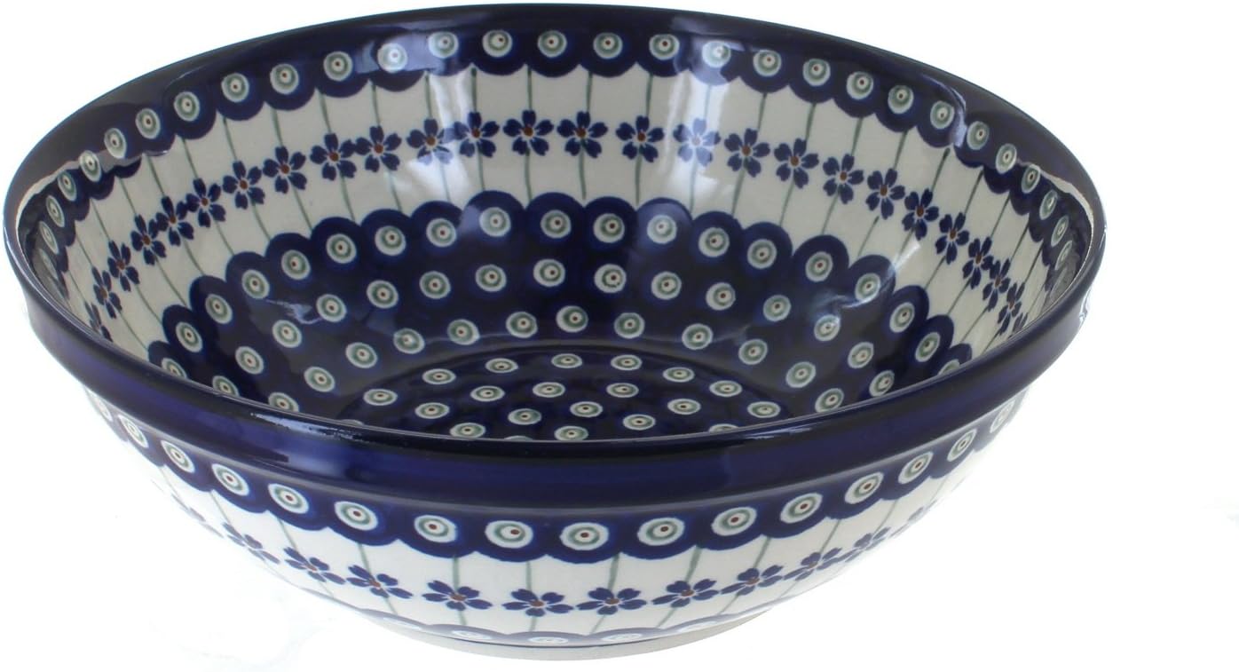 Blue Rose Polish Pottery - Blue Flowering Peacock Large Serving Bowl - 9" Diameter - Perfect Serving Bowl for Pasta & Salad, Durable & Dishwasher Safe