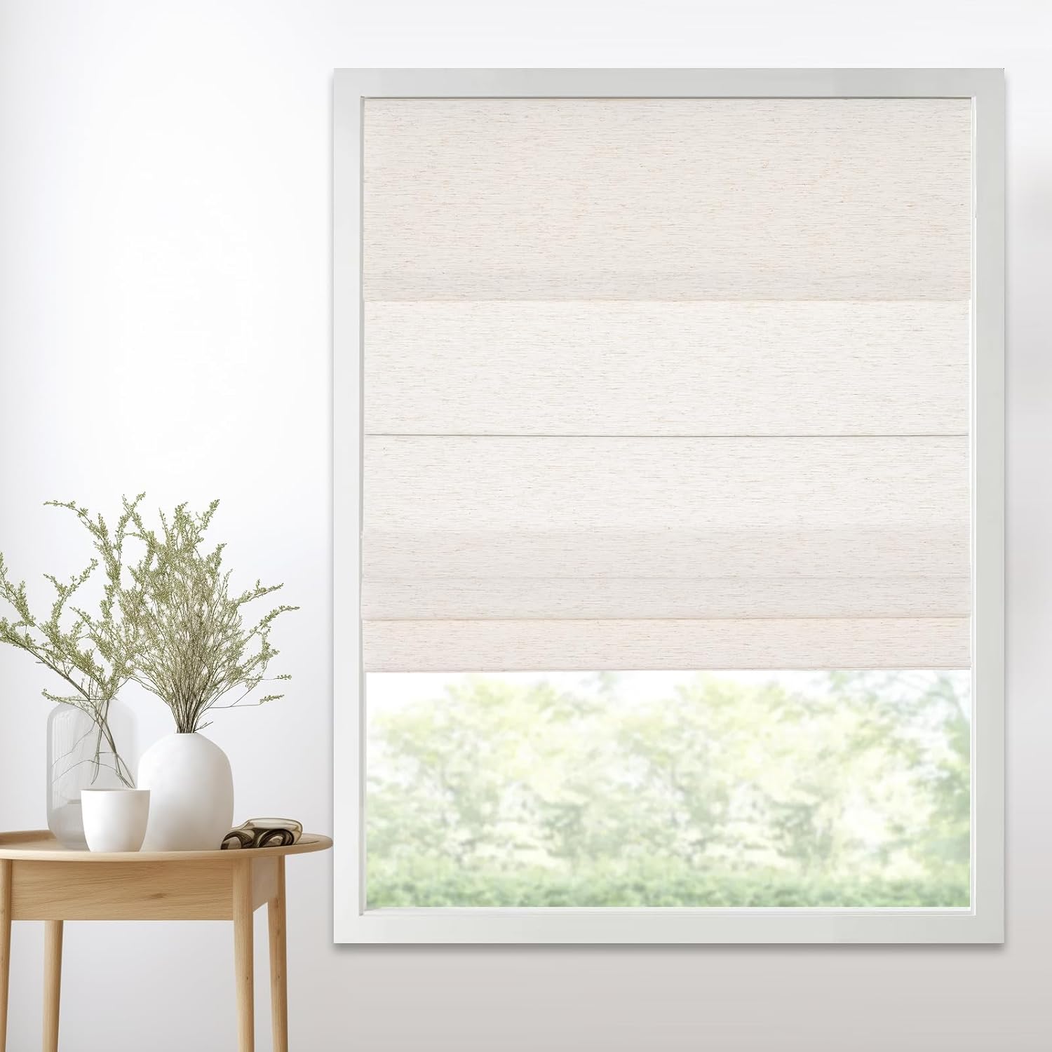 Persilux Cordless Light Filtering Roman Shades for Windows,Natural Woven Linen Fabric Roman Shades,Thermal Insulated Roman Blinds,UV Protection for Bedroom, Living Room, Office,Cream，Customize Size