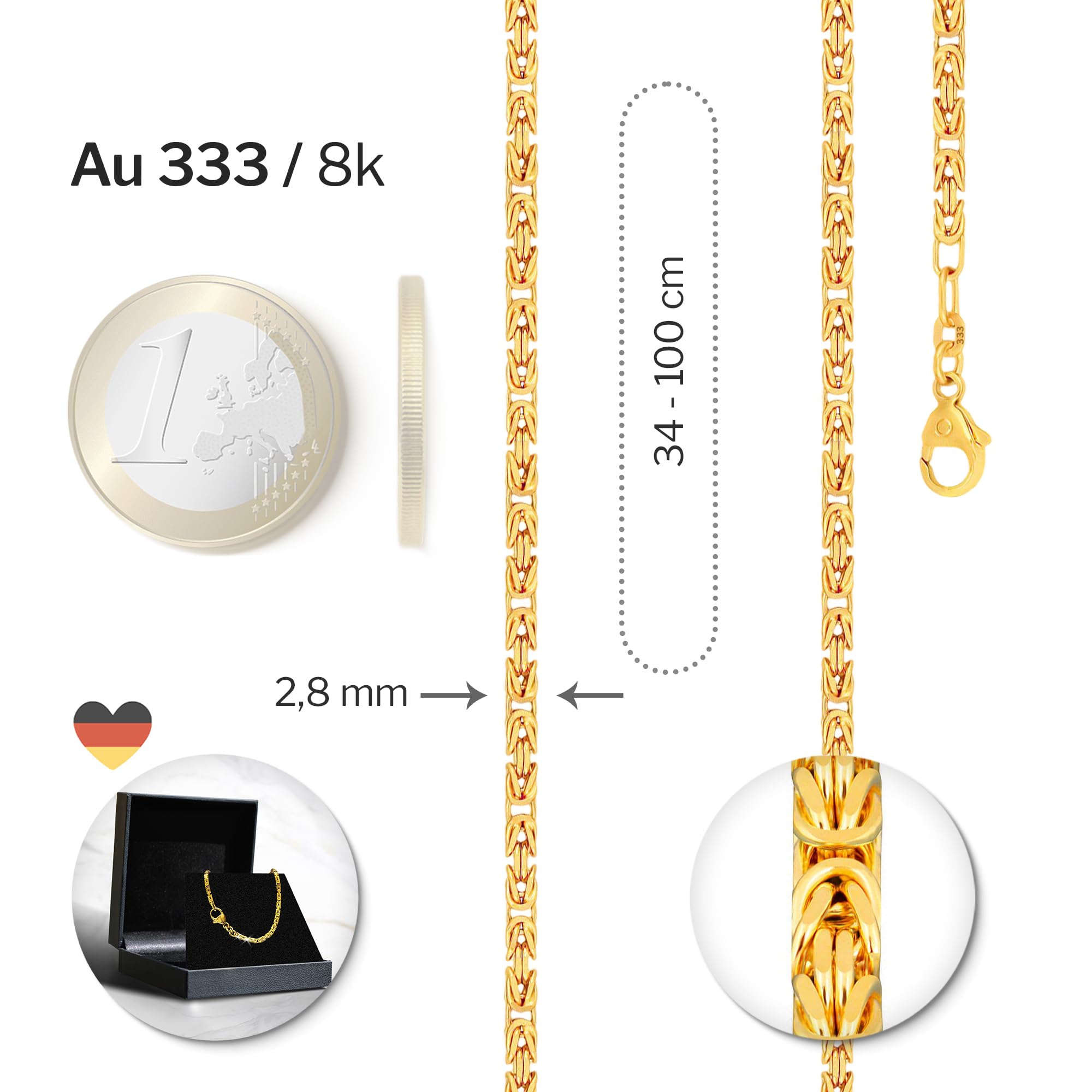 EDELIND Cadena del Rey 2.8 mm Oro Amarillo 333/8 K Cadena bizantina, Collar Cadena Oro Mujer Hombre, long. 75 cm, peso ap.38.3g Caja de Regalo de joyería