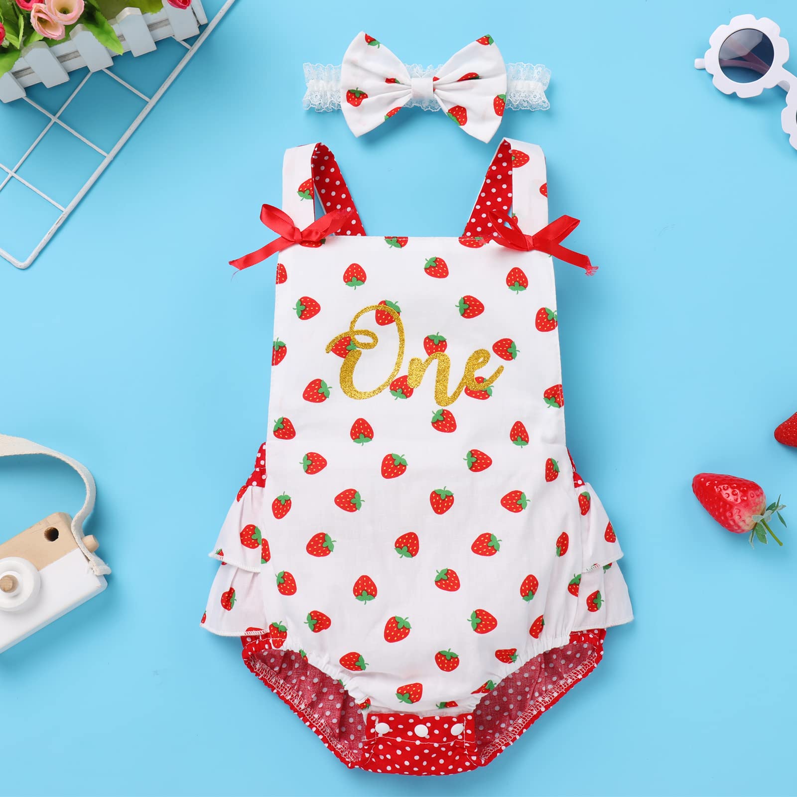 Sweet One Strawberry Birthday Outfit Girl First Birthday Romper With Headband Set 1st Berry Theme Cake Smash Photo Shoot Outfits Red 6-12 Months