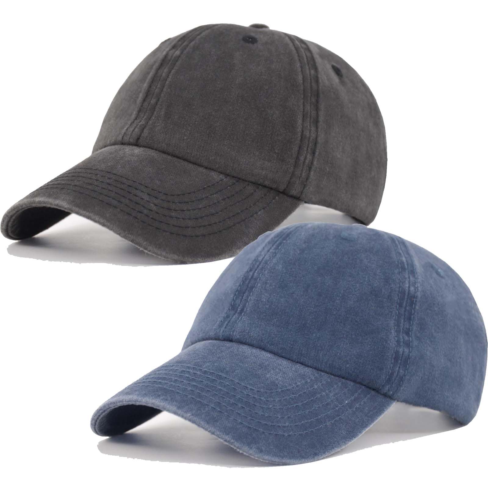 2Pack Vintage Washed Denim Low Profile Cotton Plain Baseball Caps for Men & Women, Solid Classic Dad Hat Black-Navy