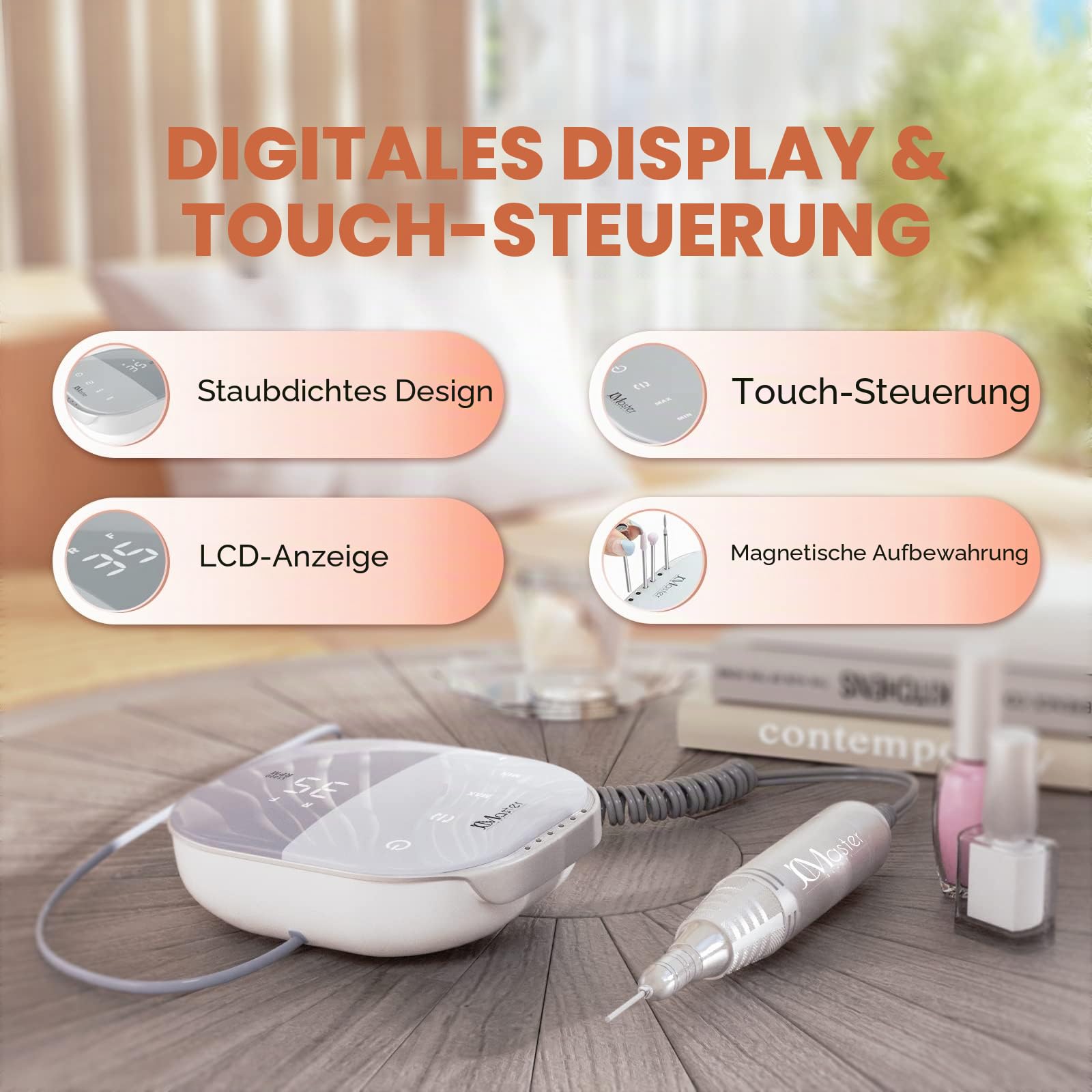 JCMaster TouchPro+ Nagelfräser 35000 U/min - Deutsche Marke - Gelnägel & Acrylnägel Profi Set Elektrisch Grund Packung, Inkl. 4 Bits, Fußpflegegerät, Kunstnägel, Stufenlose Regulierung Touchbedienung