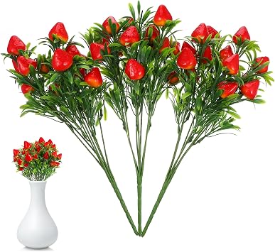 jojofuny Artificial Strawberry Stem Bouquet 10pcs, Lifelike Faux Fruit with Green Leaves for Home Shelf Decor, Kitchen Window Sink Decor, Year-Round Spring Vase Filler