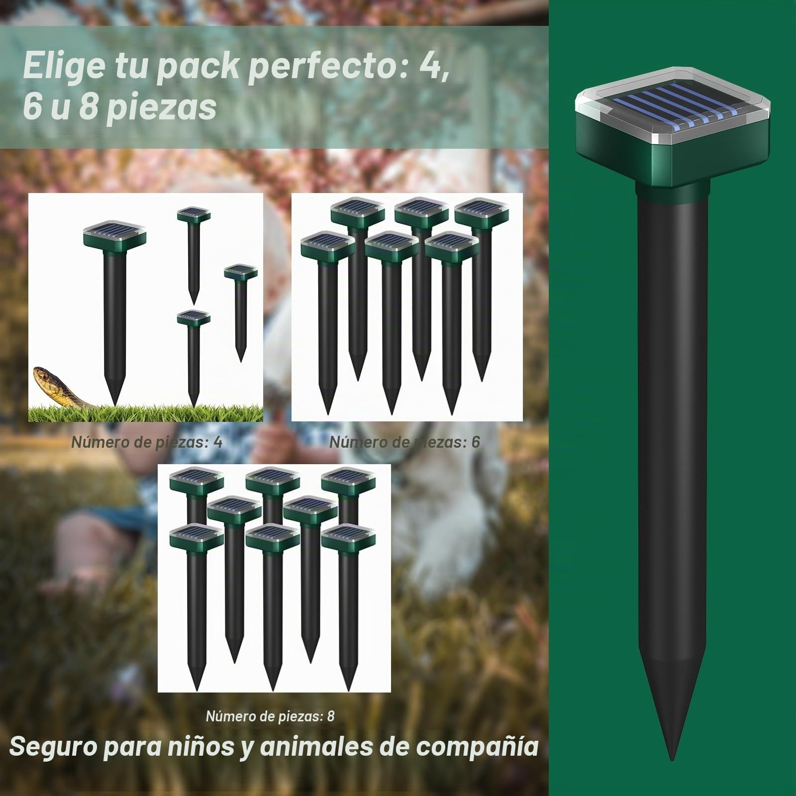 Potente repelente de serpientes para patio y exteriores, serpientes lejos, repelente solar sónico impermeable, seguro para mascotas y niños, mantiene a las serpientes lejos del garaje, césped, hogar