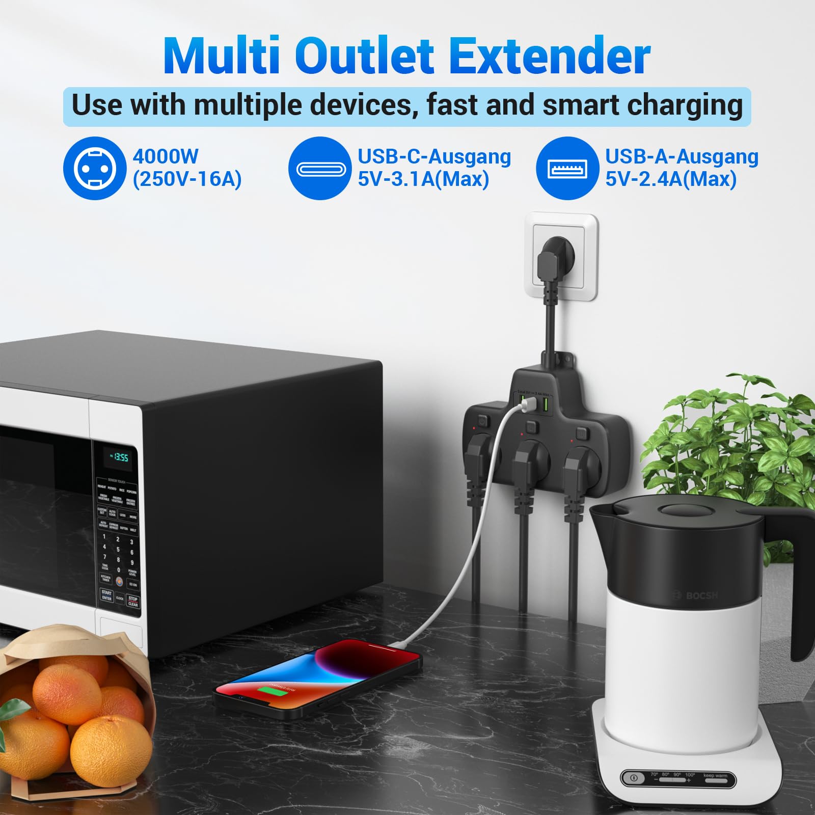 Presa Multipla con Interruttori Indipendenti, Ciabatta Multipresa con USB C, Multipresa da Parete 3 Prese e 3 USB Caricatori, Ciabatta Elettrica Presa Adattatore Schuko Salvaspazio Cavo 0,1 M,Nero