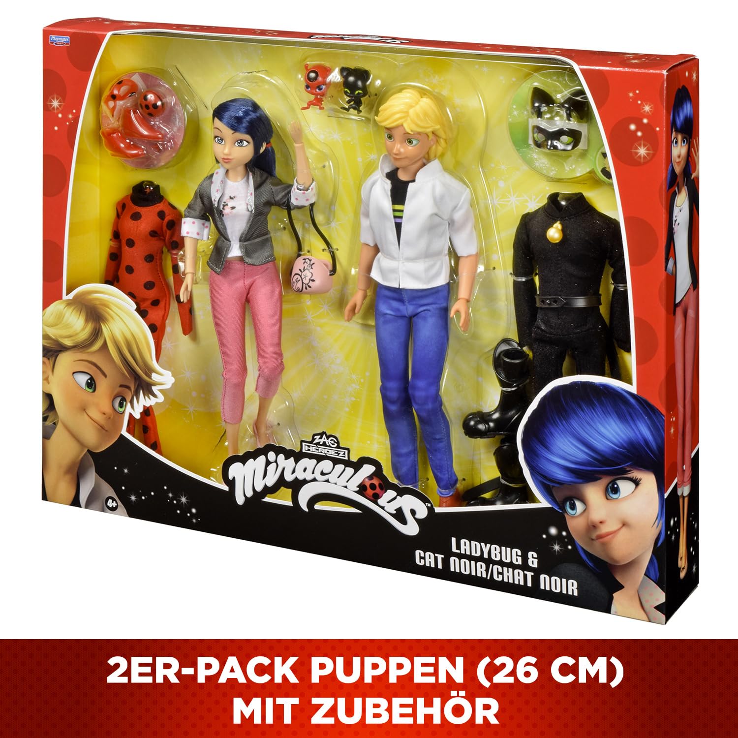 BANDAI – Miraculous – 2er-Pack Marinette und Adrien Puppen mit 2 Outfits (Ladybug & Cat Noir), Zubehör – Miraculous Geschenkbox 2 Figuren 26cm – Geschenkidee Kinder – Spielzeug ab 4 Jahren – P50359