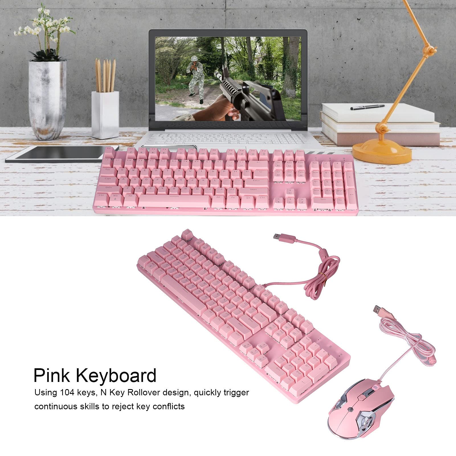 Acouto Klawiatura Mechaniczna Ergonomiczna 104 Klawiszy 22 Efekty świetlne Wysoka czułość Różowa Klawiatura do Gier dla Graczy Możliwość Zastosowania na Komputerze PC Korzystanie z Klawiszy ulepszeń