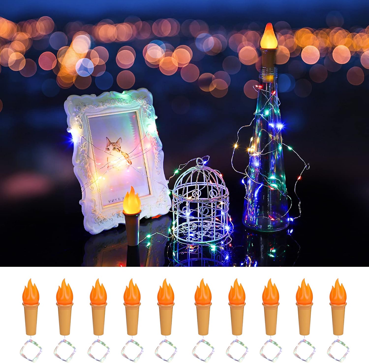 SUPERNIGHT Wine Bottle Lights with Cork 10 Pack, Battery Operated LED Cork Shape 5.97 Ft Silver Wire Colorful Fairy Lights for DIY, Party, Christmas Decorations, Halloween Decor,Wedding(4 Color)