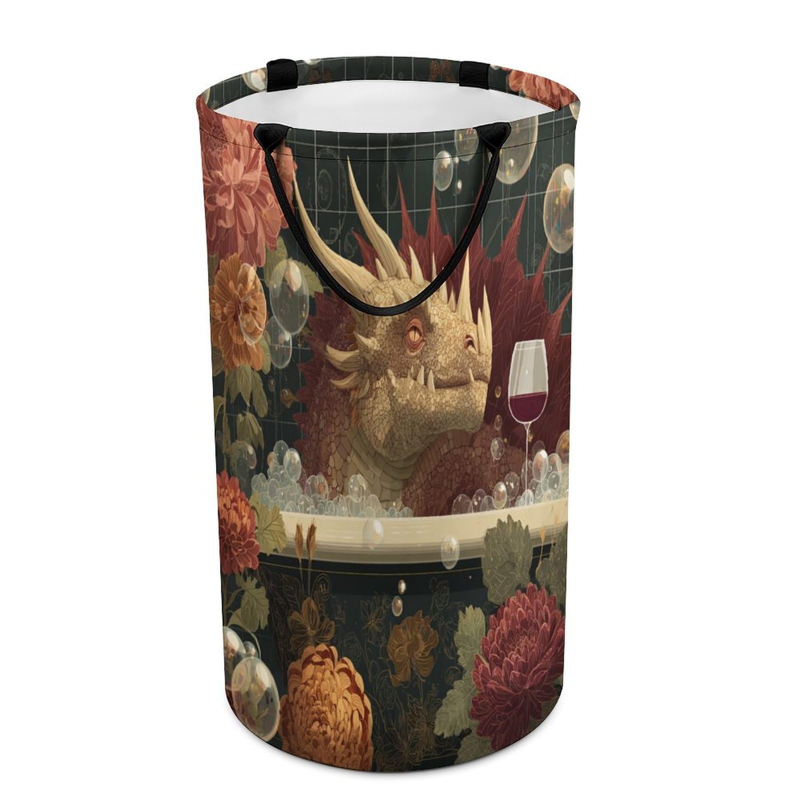 LUYYSKY Modern Cool Dragons Collapsible Dirty Clothes Basket, Retro Rustic Bathroom Art Fantasy Animal Dragons Flowers Portable Clothes Storage Basket