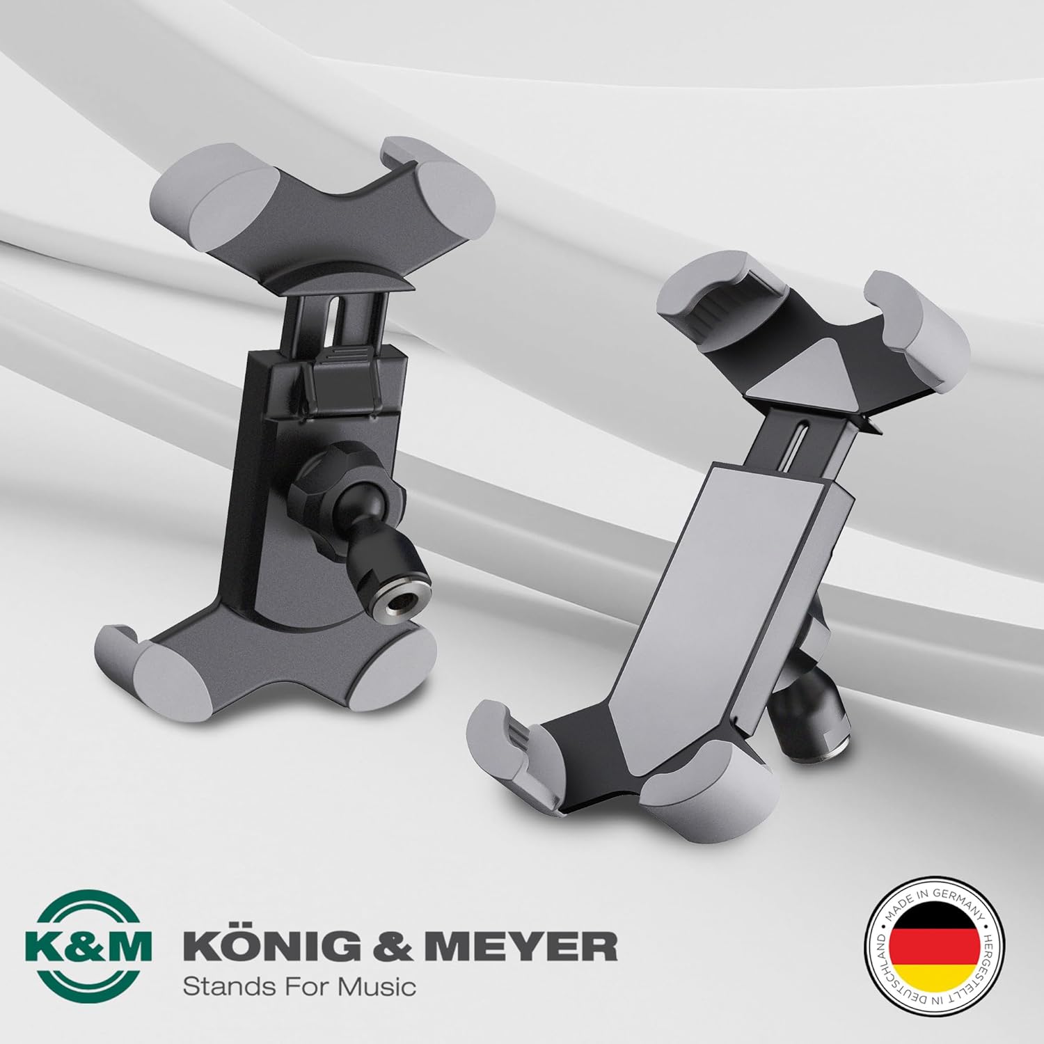 K&M Konig & Meyer Smartphone Holder | Black Phone Holder with Quick Release Button | Phone Stand with 360 Degrees Rotation | Suitable for Smartphones, Flat Devices and MP3 Players | 0.14kg