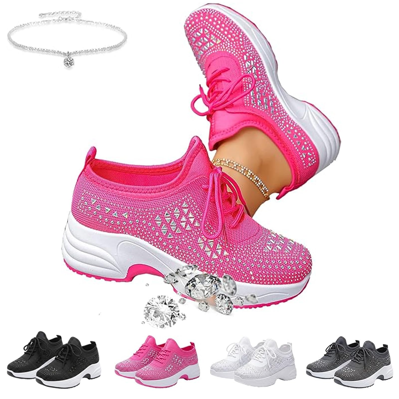 Scarpe da ginnastica da donna con zeppa con strass glitterate, alla moda, traspiranti, per sposa, ortopediche, luccicanti, da matrimonio, eleganti scarpe da tennis lavorate a maglia