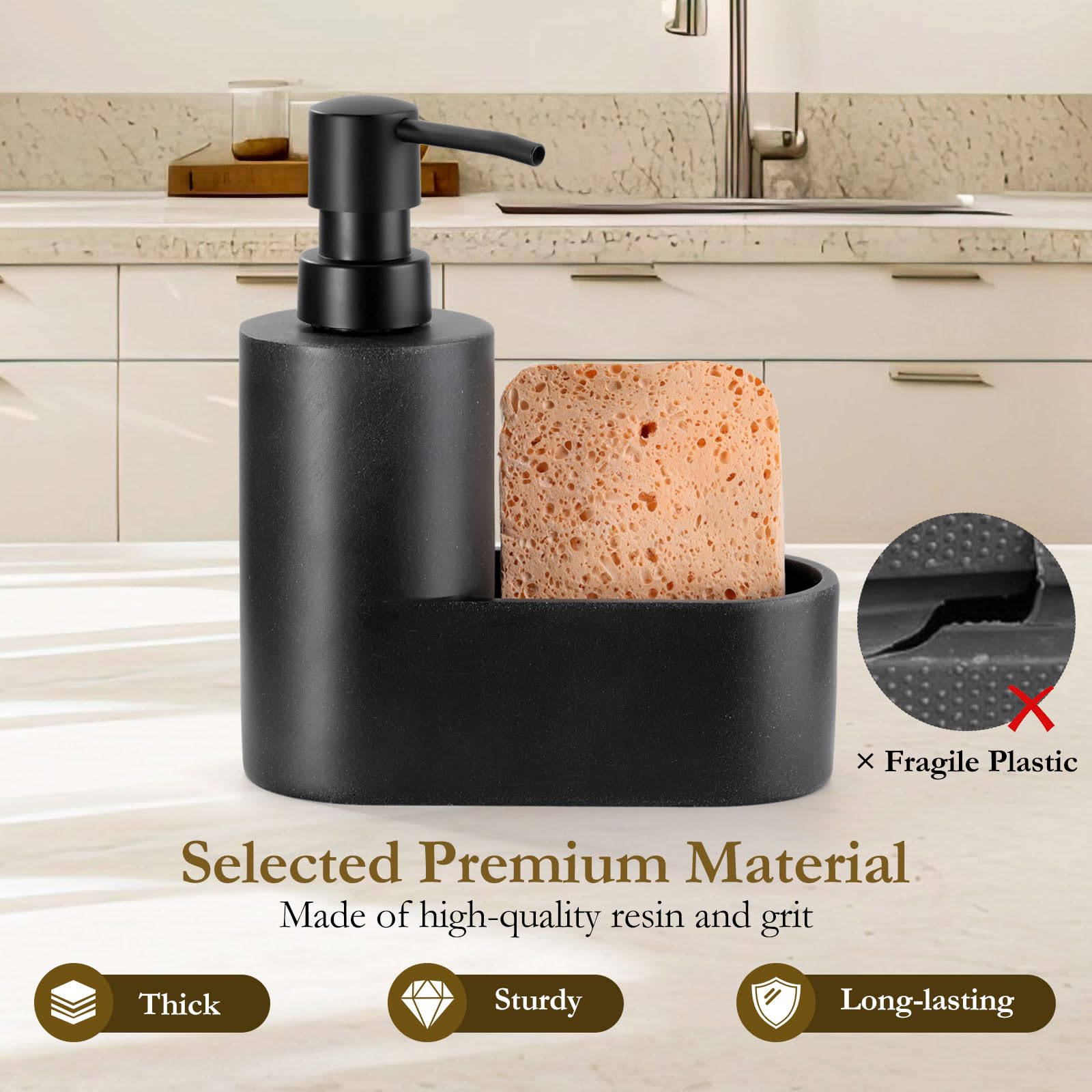 Shinowa Dispenser di Sapone per Piatti con Supporto per Spugna, Riempibile Distributore di Sapone da Cucina, Erogatore di Sapone da Banco 2 in 1 per Lavello di Cucina e Bagno, Nero Ghiaia
