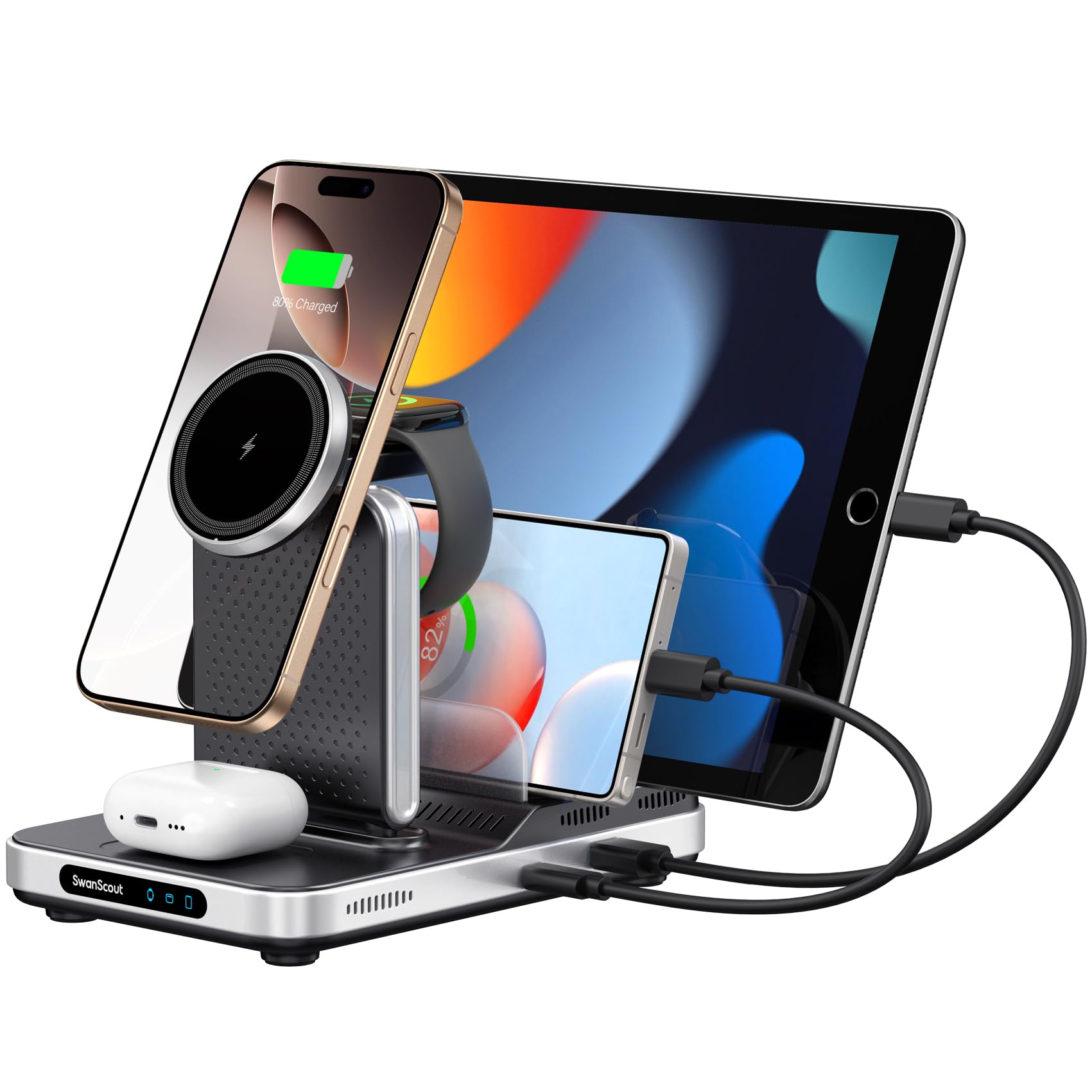 Charging Station for Apple Multiple Devices, SwanScout 901M, Magnetic Wireless Charger for iPhone 16/15/14/13/12 Series, for Apple Watch 10/9/8/7/6, Ultra 2/Ultra, for AirPods/iPad/Tablet/Switch