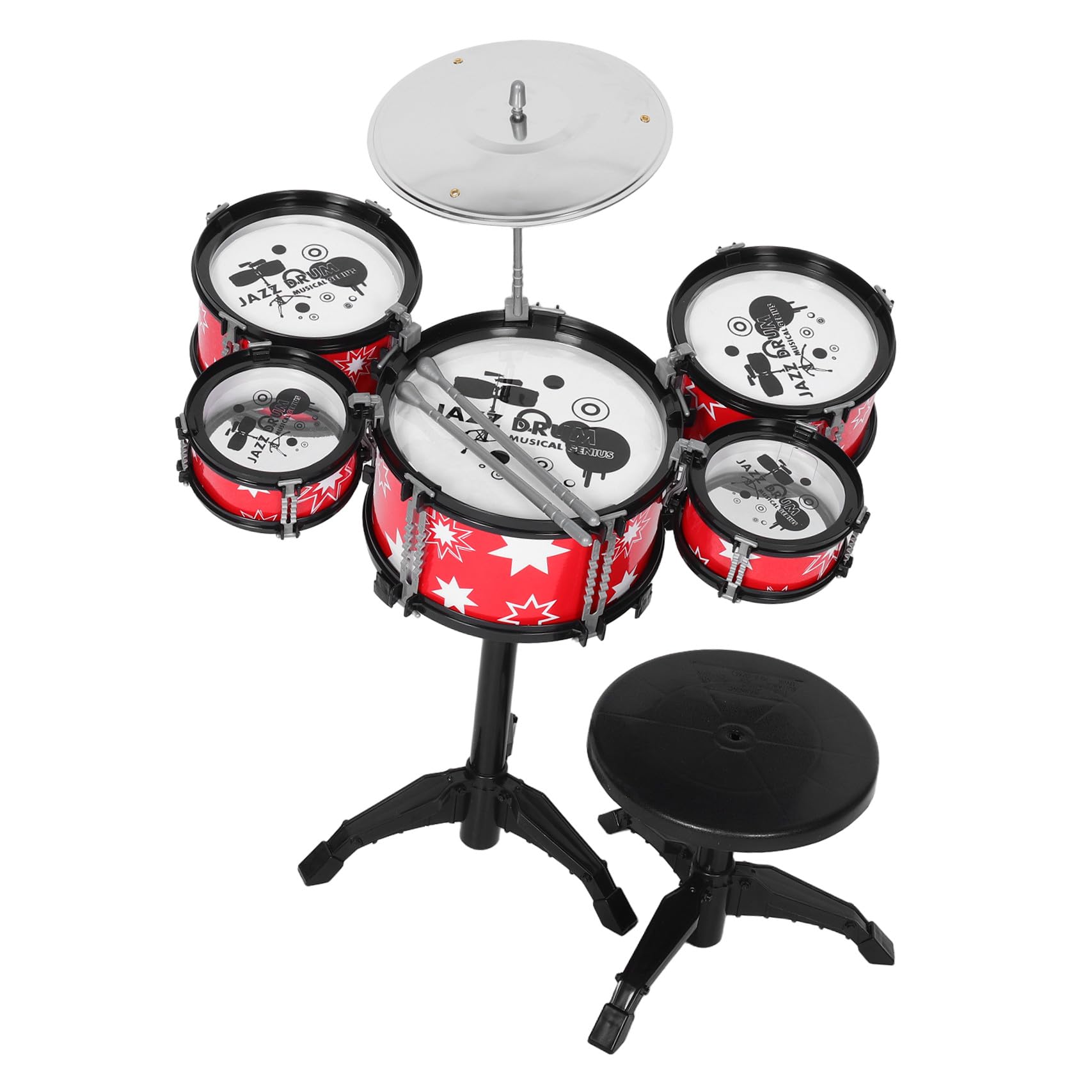 Juego de Batería para Pequeños, Batería de Percusión Abs Roja Borde Negro, 5 Tambores Taburete y Baquetas, Instrumento Musical Educativo para Desarrollo Temprano y Ritmo, Juguete