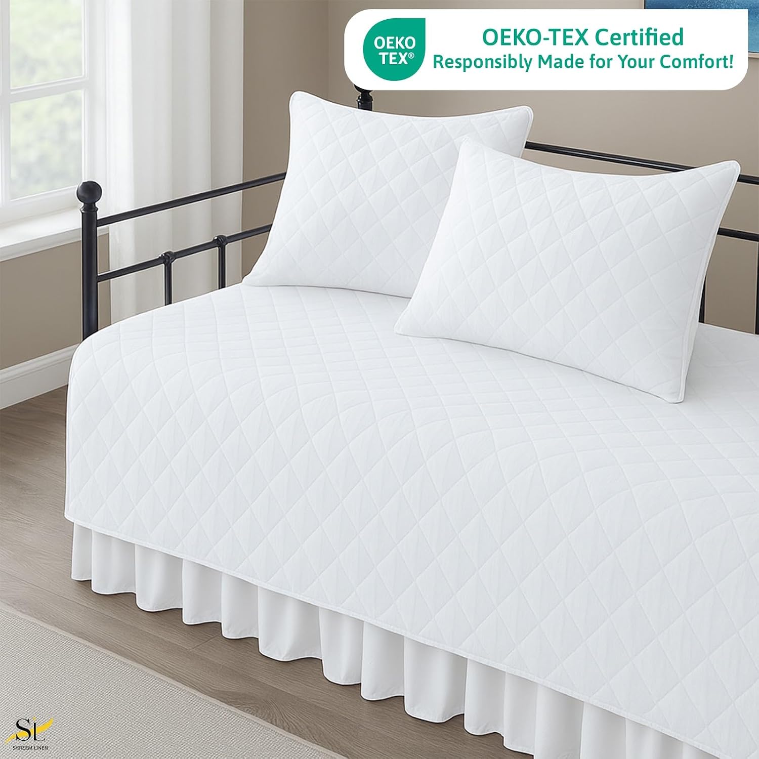 Shreem Linen 5-Piece Twin Daybed Cover Set Quilted Brushed Microfiber Bedding with Bedspread, Ruffled Skirt & 3 Pillow Shams, Geometric Pattern, All-Season, Soft & Durable, 39"x75", White