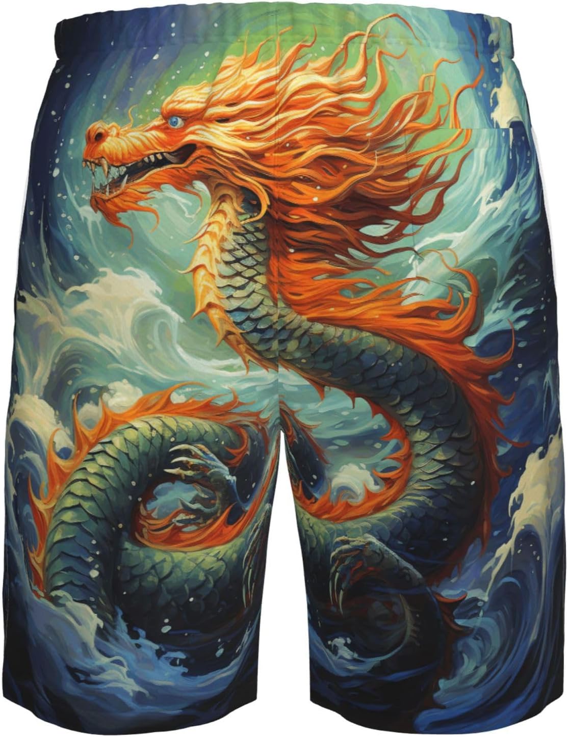 Men's Swim Trunks Quick Dry Bathing Suits Chinese Dragon Oil Painting Beach Board Shorts Swimwear with Pockets White