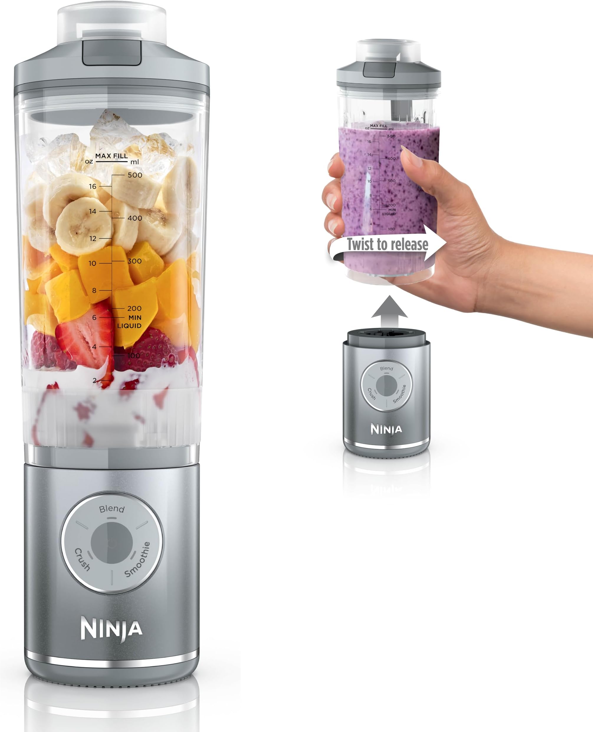 Ninja Blast Max, Portable Blender + Twist & Go, Personal Smoothie, Blend, Ice Crush, 3 Programs, Cordless, 22 oz removable Vessel, Dishwasher Safe, Leakproof, Silver, BC251SL