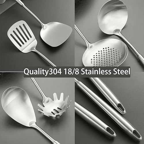 Miniatura 3 de Juego de utensilios de cocina de acero inoxidable, 10 piezas, utensilios de cocina, triturador de papas, cuchara sólida, cuchara ranurada, tenedor,