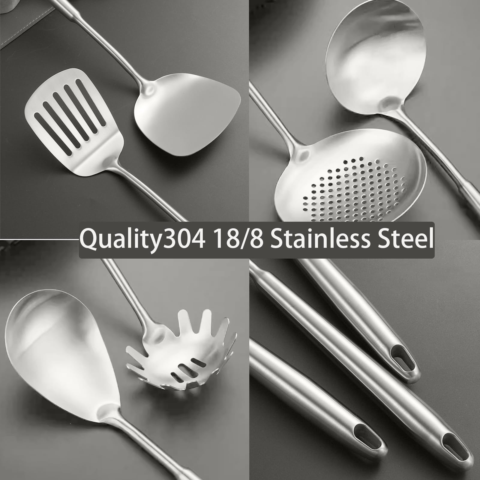 Lot de 10 ustensiles de cuisine en acier inoxydable - Presse-purée - Cuillère solide fendue - Fourchette - Spatule - Louche - Cuillère à fente - Spatule à fente - Cuillère à spaghetti - Grande
