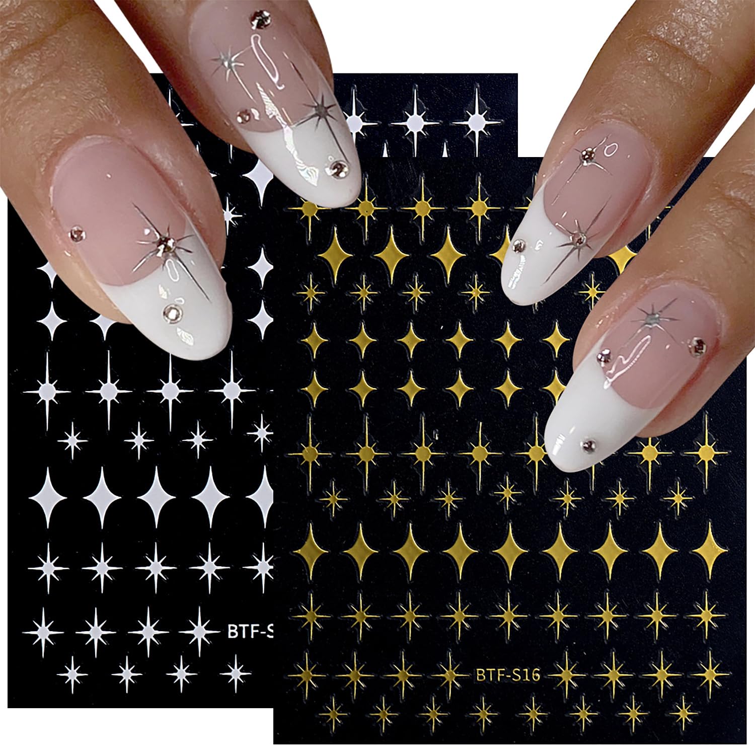 12 Sheet Star Nail Stickers 3D Self-Adhesive Decals for Nail Art - Black, White, Silver, Gold