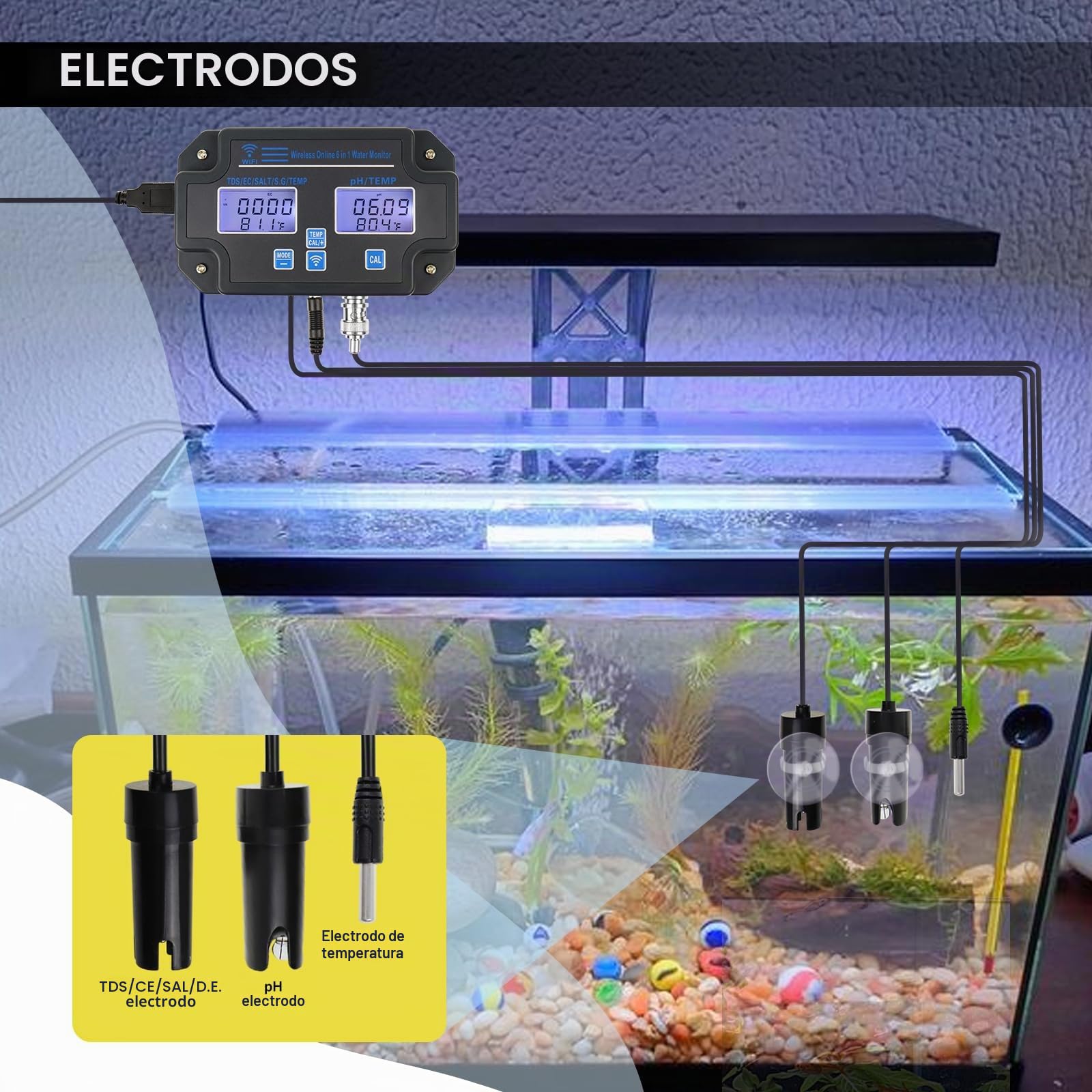 Probador de Calidad de Agua Inteligente 6-en-1 – Monitor WiFi/App para pH, EC, TDS, Temperatura, SG y Sal | Alertas en Tiempo Real | Perfecto para Hidroponía, Acuarios, Piscinas y Agua Potable