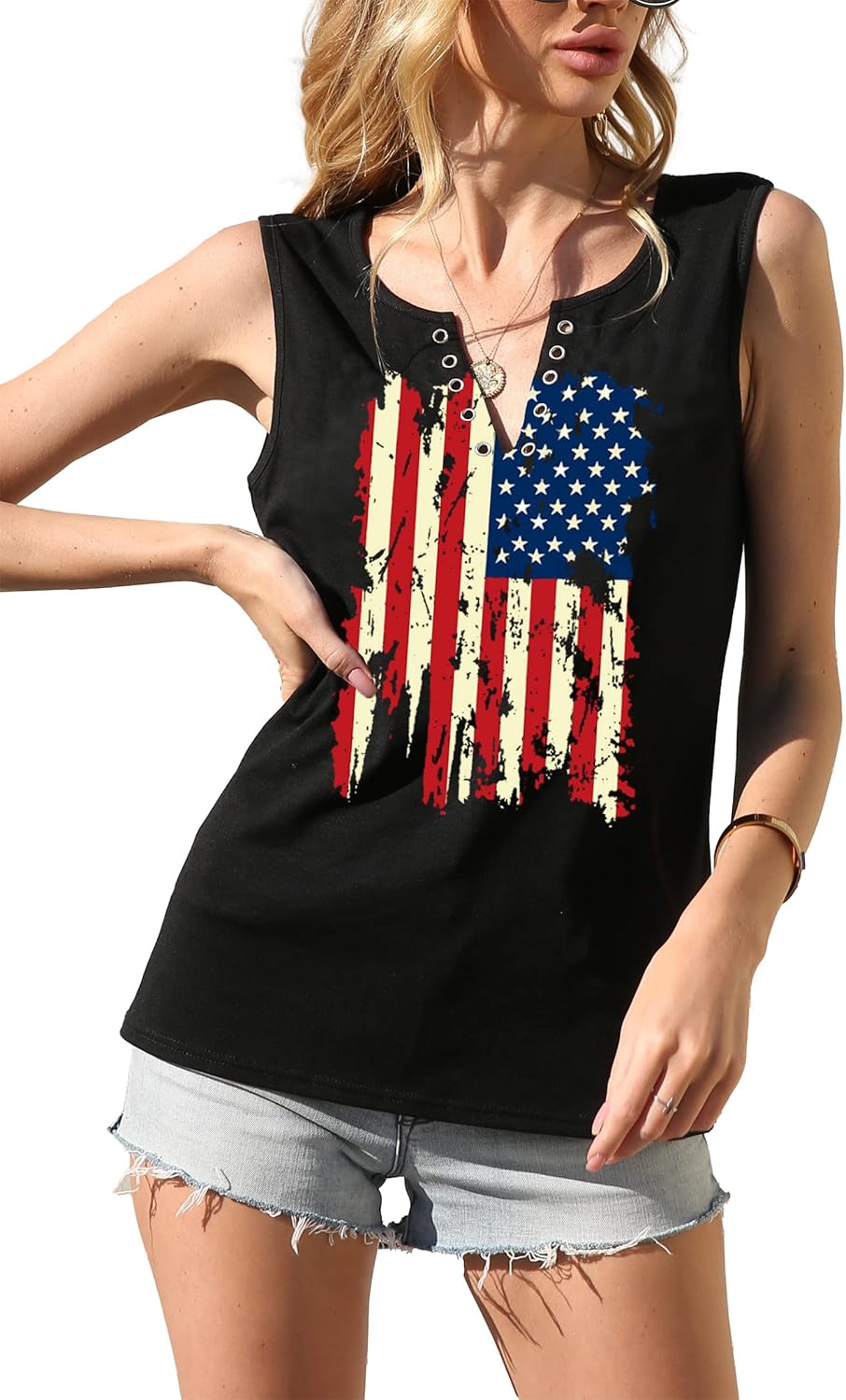 MAIHUN American Flag Tank Tops for Women 4th of July Shirts Ring Hole Sleeveless V-Neck T-Shirt Patriotic Tees - Image 3
