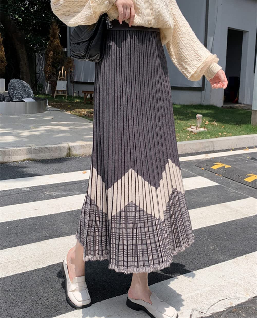 Gonna Lunga Invernale,Gonna Invernale A Quadri Nera Vita Elasticizzata Orlo Con Nappe Boho Fluente Gonna A Pieghe A Vita Alta Gonne A Maglia Calda Per Le Donne Maxi Gonna A Trapezio Grande Pendolo