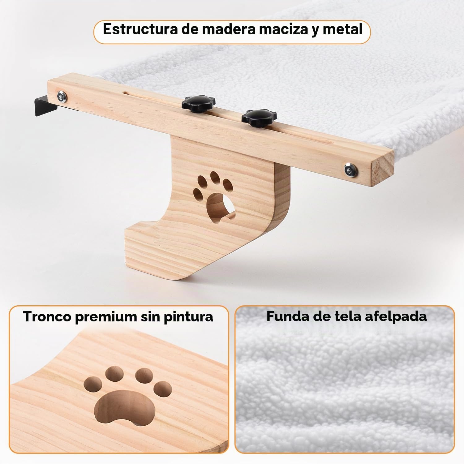 AMOSIJOY Hamaca Resistente para Gatos con Marco de Madera y Metal para Gatos Grandes, Cama fácil de Ajustar para alféizar de Ventana, mesita de Noche, cajón y Armario (21.7 Pulgadas, Felpa Blanca)