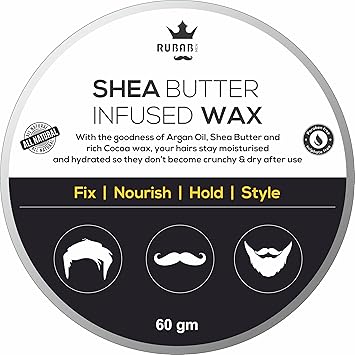 RUBAB MEN Hair & Beard Wax | Strong Hold Non-Dry Ultra light Wax with Goodness of Shea Butter & Cocoa Wax | Silicone & Paraben Free | 60g