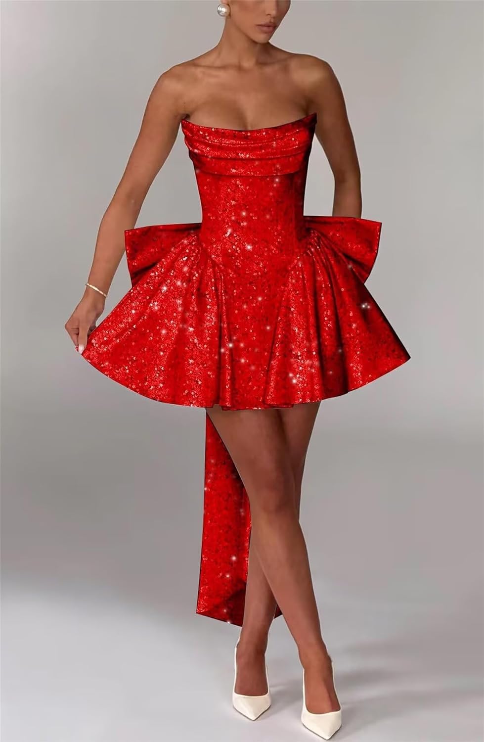 Short Prom HOCO Dress with Bow Strapless Sparkly Sequins Homecoming Cocktail Dresses Mini Party Gown Corset D5