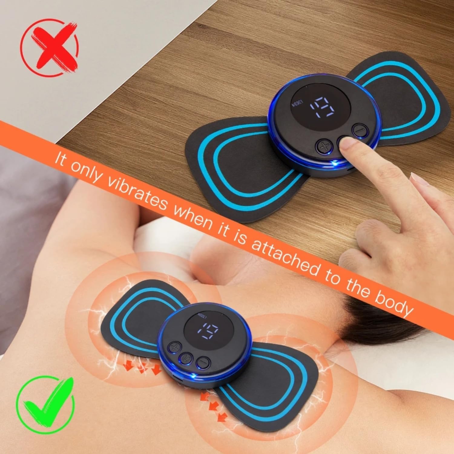 ThermaFlex Mini Massage Stick correctly applied to a person's back, showing activation