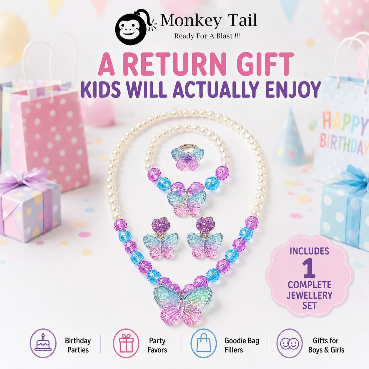 MONKEYTAIL Birthday Return Gift for Kids, Blue Butterfly Jewellery Set 3