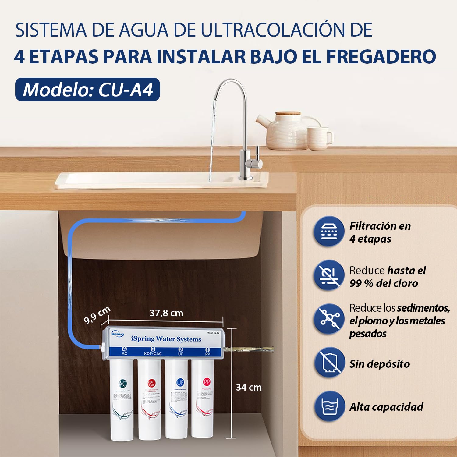 iSpring CU-A4 0.01μm Ultrafiltración Bajo el Fregadero, Sistema de Filtro de Agua, Sin Tanque, 4 Etapas, Alta Capacidad, Elimina el 99,99% de Contaminantes, Cambio Rápido, Filtro con Grifo de Cromo