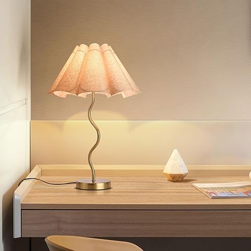 Miniatura 8 de KUNJOULAM Lámpara de mesa pequeña, lámpara de mesita de noche con pantalla de tela en forma de paraguas, mini lámpara de escritorio Morden para