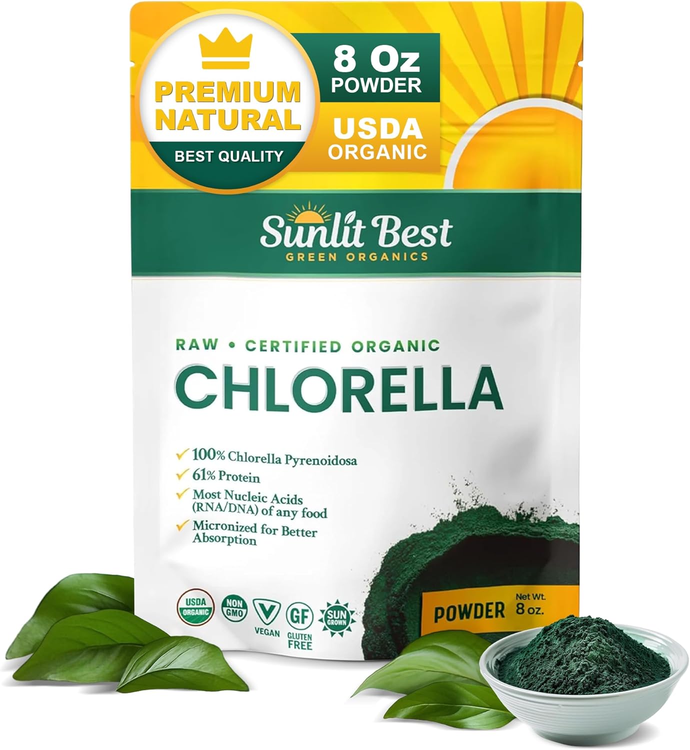 Sunlit Best Chlorella Powder Organic USDA, Green Algae Chlorella Powder, Broken Cell Wall Chlorellas, Raw Vegan Protein Chlorophyll - Non GMO, Gluten Free Superfood, Immune Support Supplement, 8 oz