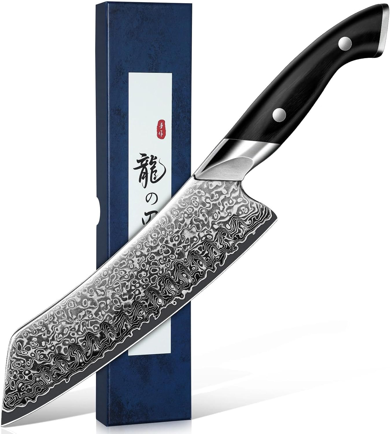 DRAGON RIOT Japanese Chef Knife, Damascus Santoku Knife with VG10 Steel Core, Ultra Sharp Handmade Kitchen Knives with Ergonomic Handle, Premium Gift Box for Mom and Dad