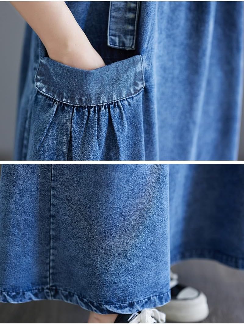 Boho Denim Overall Dress for Women Jean Overalls Skirt Jumper Pinafore Dresses Wide Hem Adjustable Straps Oversized - Image 5