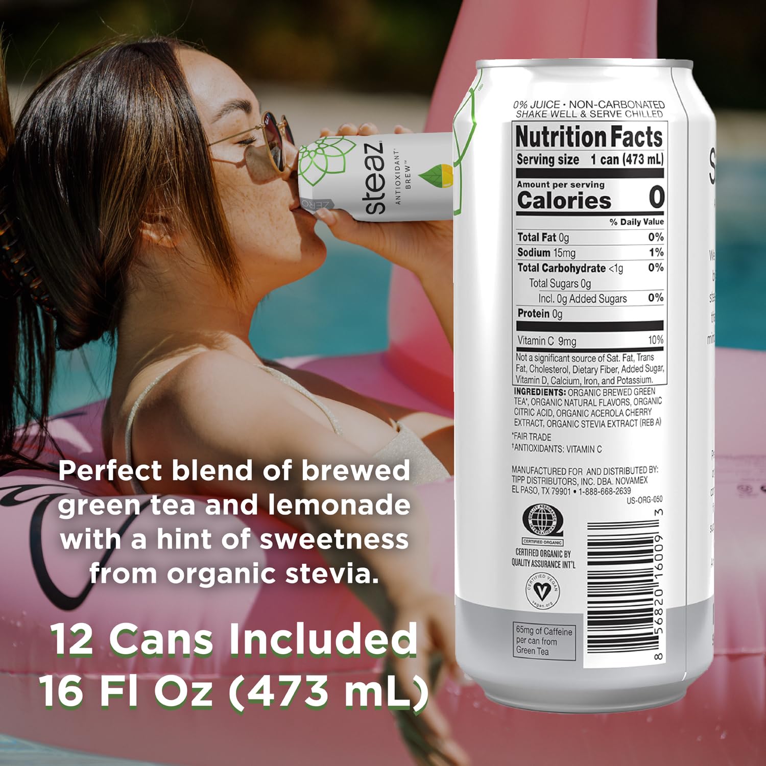 Steaz - Organic Green Tea - Zero Calorie Half & Half (12 Pack) - Antioxidant Brew - 65mg Natural Caffeine, Vitamin C - Stevia Sweetened Iced Tea - Vegan, Fair Trade - 12 Cans, 16 fl oz (473mL)