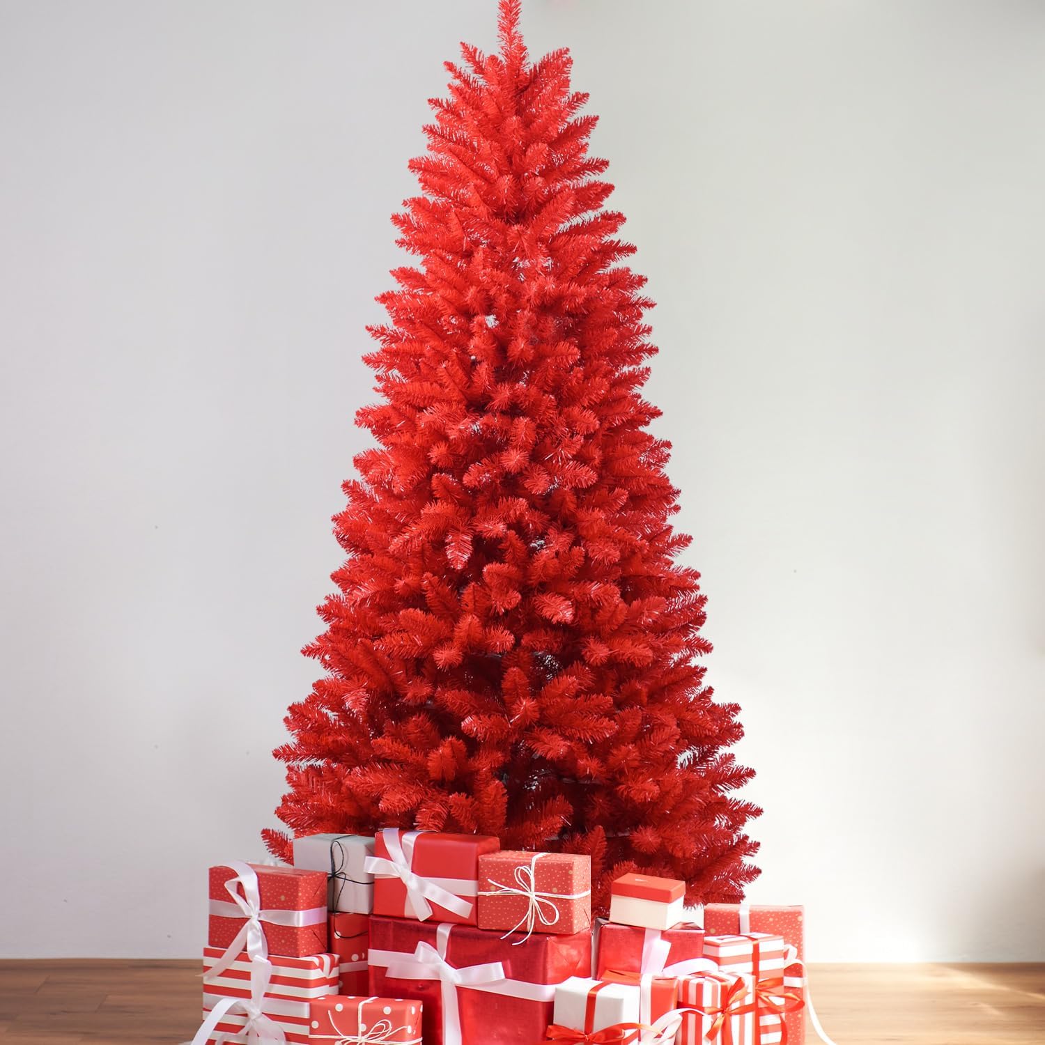 Red Artificial Christmas Tree with 1066 PVC Tips, Hinged Branches and Metal Stand for Indoor Holiday Display