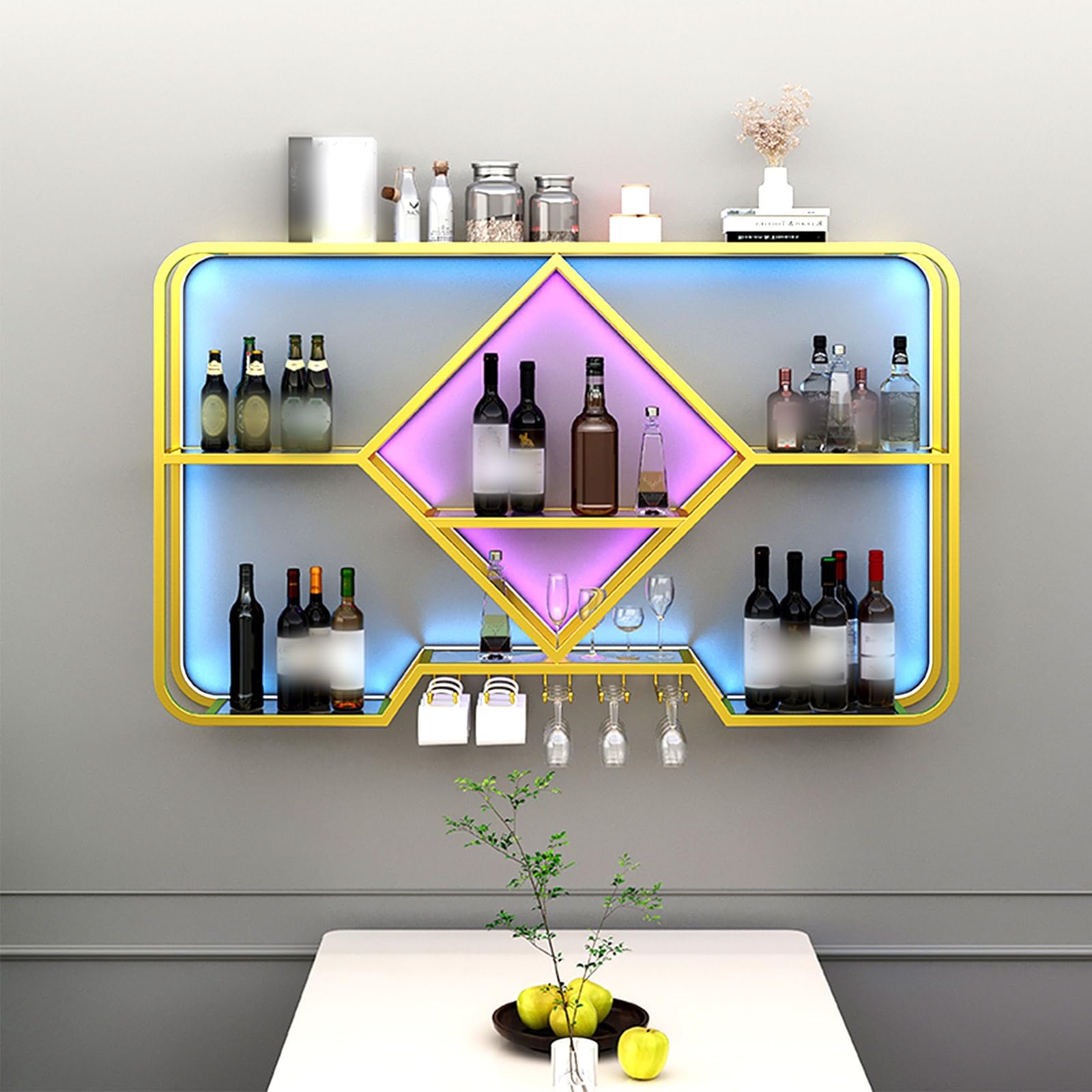 Meuble bar mural doré compact avec LED pour ranger bouteilles et verres