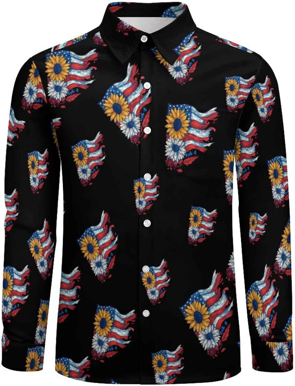 Sunflower U.S. Flag Novelty Men's Long Sleeve Shirts Casual Button Down Shirt Pullover Tops