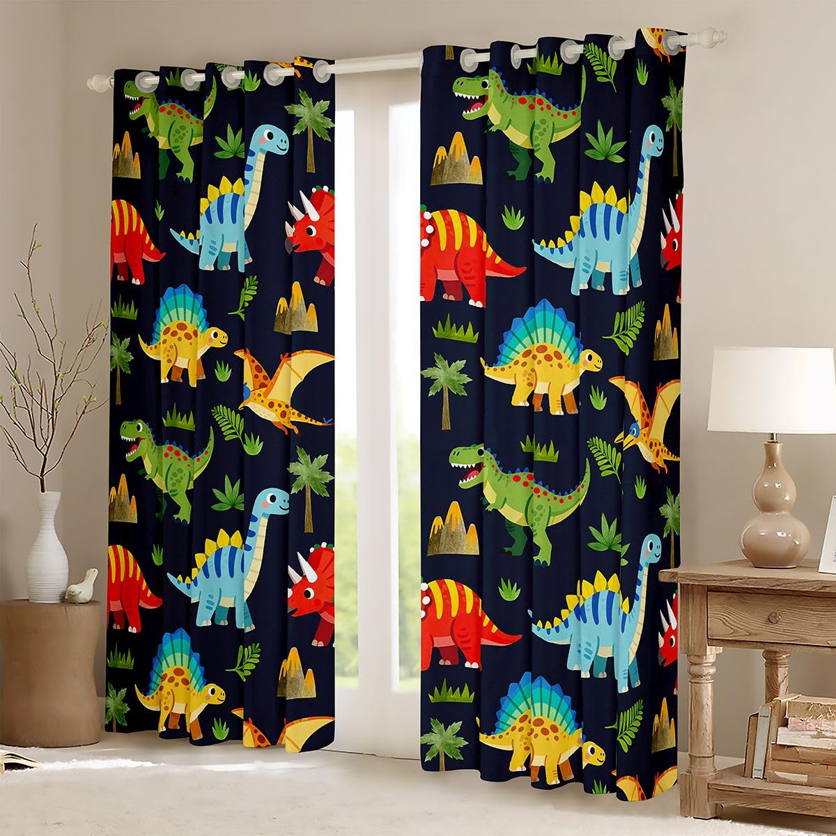 Homewish Rideau Occultant 117x183 cm Enfants Dino,Rideau Garçons Filles Dinosaures,Rideaux Voilage Enfants Adolescents Palmier de La Jungle,Voilage Fenetre Anciens Animaux Sauvages pour Chambre Salon