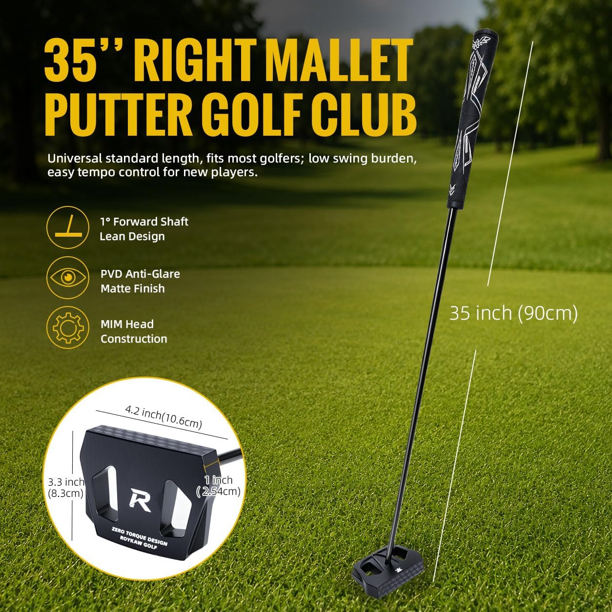 Roykaw Zero Torque Golf Putter, 35’’ Right Handed Straight Putting, Mallet Center Shaft Golf Putter, High Forgiveness and Low Deviation