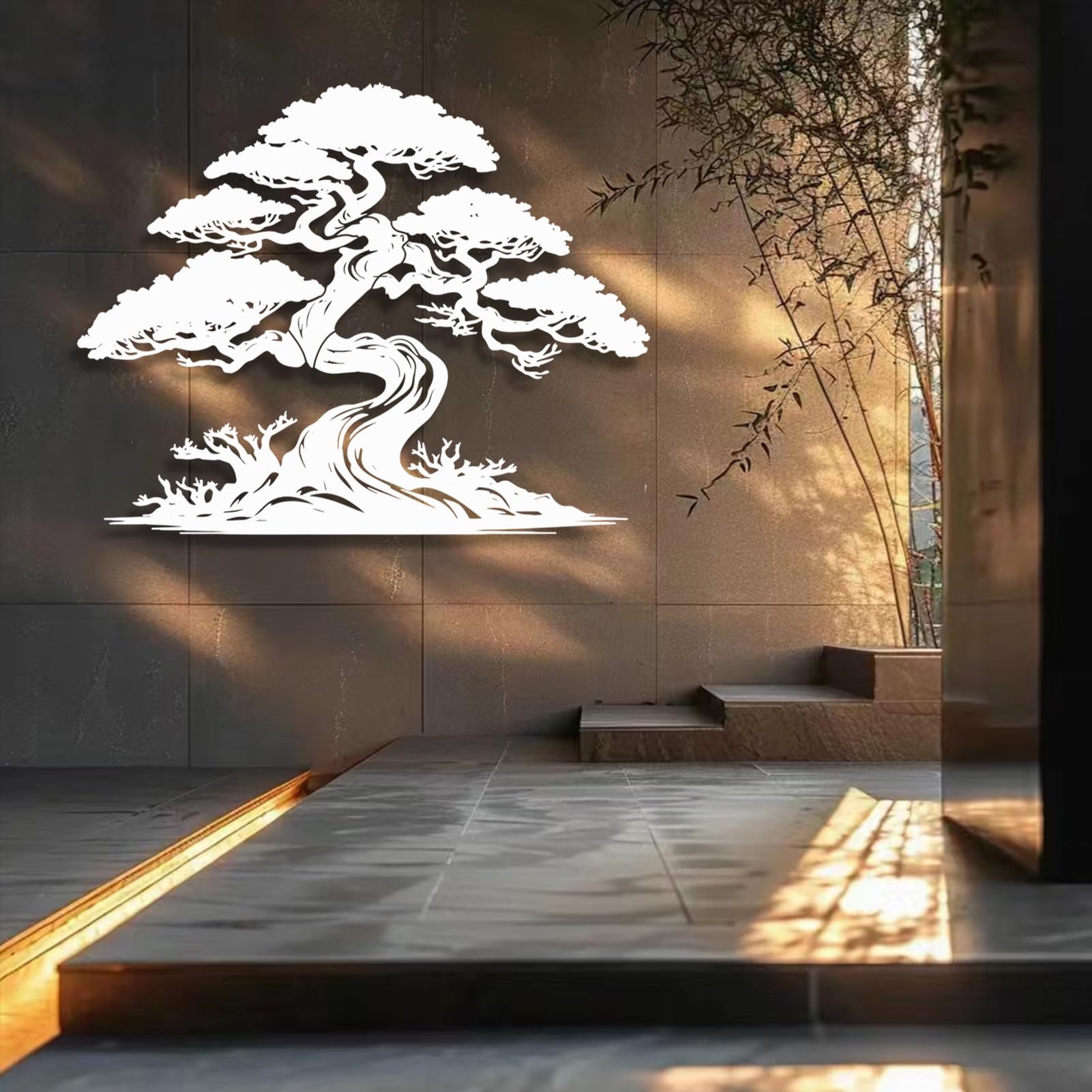 Grande Decorazione murale Astratta in Metallo a Forma di Pino, Bonsai, pianta Ornamentale da Appendere, Regalo per Amanti della Natura (Bianco, 80x63 cm)