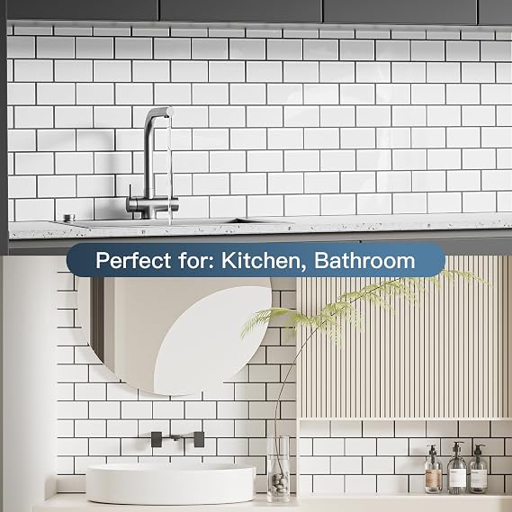 10-Sheet Peel and Stick Subway Tile, Peel and Stick Backsplash, Stick on Tiles Backsplash for Kitchen & Bathroom, Faux Ceramic Tiles for Kitchen, for Renters, RV & Home Decor, White with Black Grout