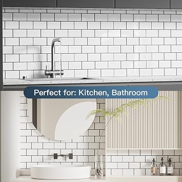 10-Sheet Peel and Stick Subway Tile, Peel and Stick Backsplash, Stick on Tiles Backsplash for Kitchen & Bathroom, Faux Ceramic Tiles for Kitchen, for Renters, RV & Home Decor, White with Black Grout