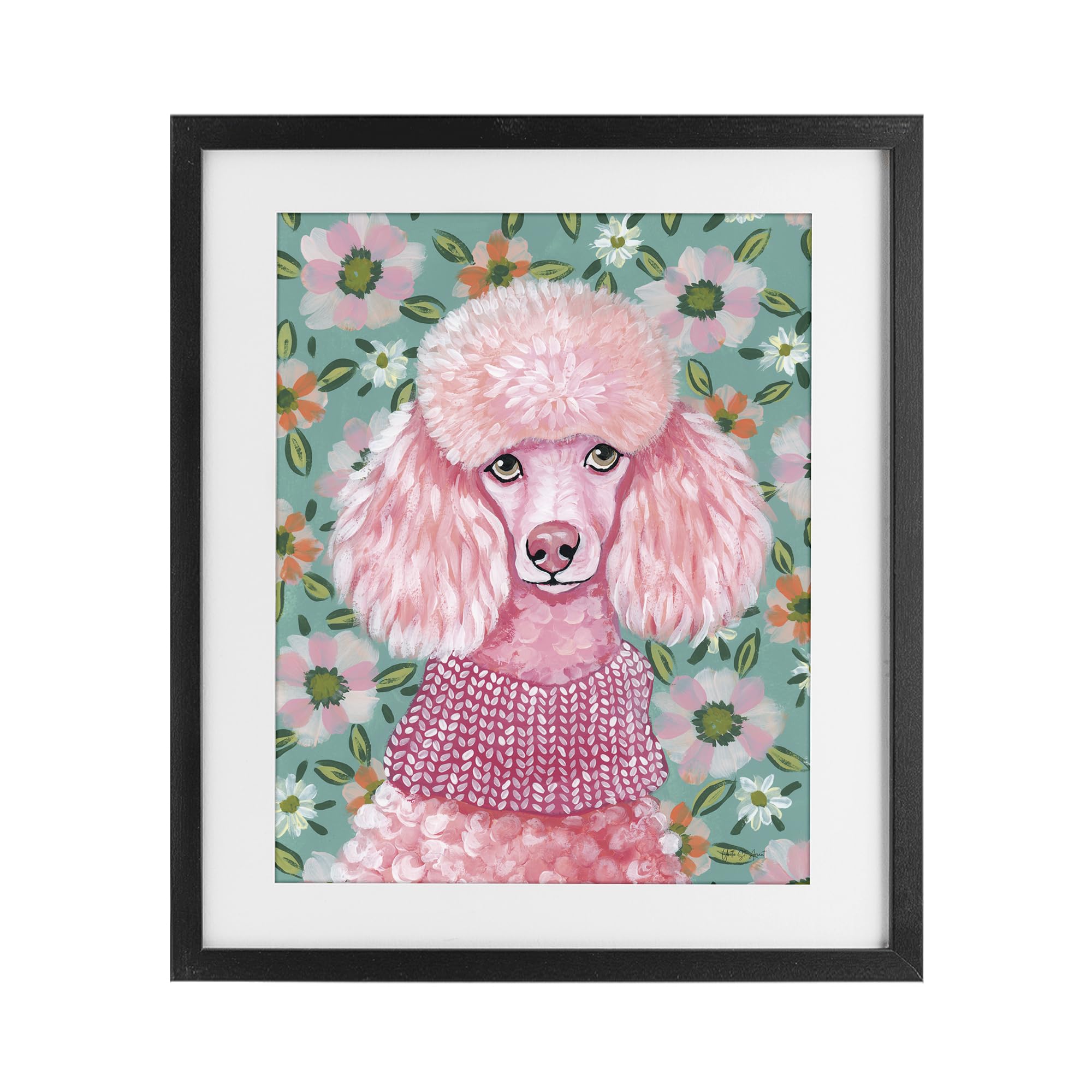 Stupell Industries Midnight Black (Textured) Floral Poodle Whimsical Pet, 17 X 21 Inch Framed Print Under Glass