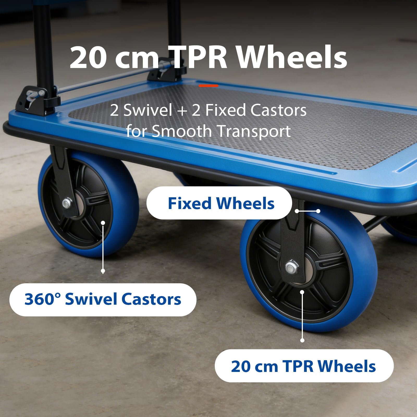 Klappbar Stahl-Plattformwagen 500kg Tragfähigkeit 20cm TPR-Räder 3-Sekunden-Faltung | Transportwagen für Lager, Haushalte & Gewerbe, Blau