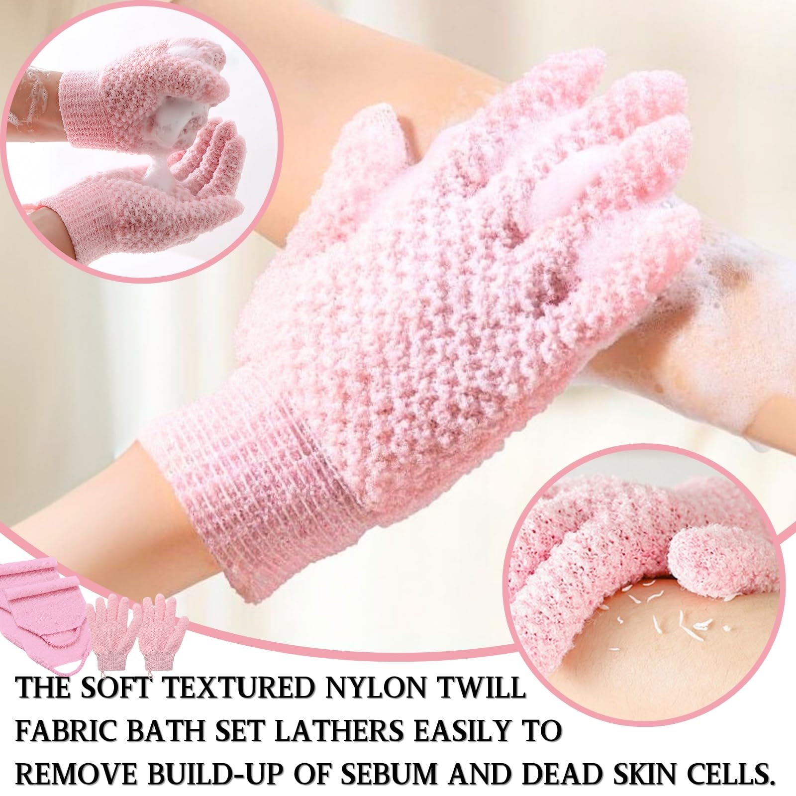 Gant Exfoliant Corps Set, 2 Pièces de Gants Exfoliants et 2 Pièces de Brosse Pour le Dos Douche, Brosse dos Douche et Gant Gommage Corps pour Usage le Corps, le Visage et le Bain (Rose)
