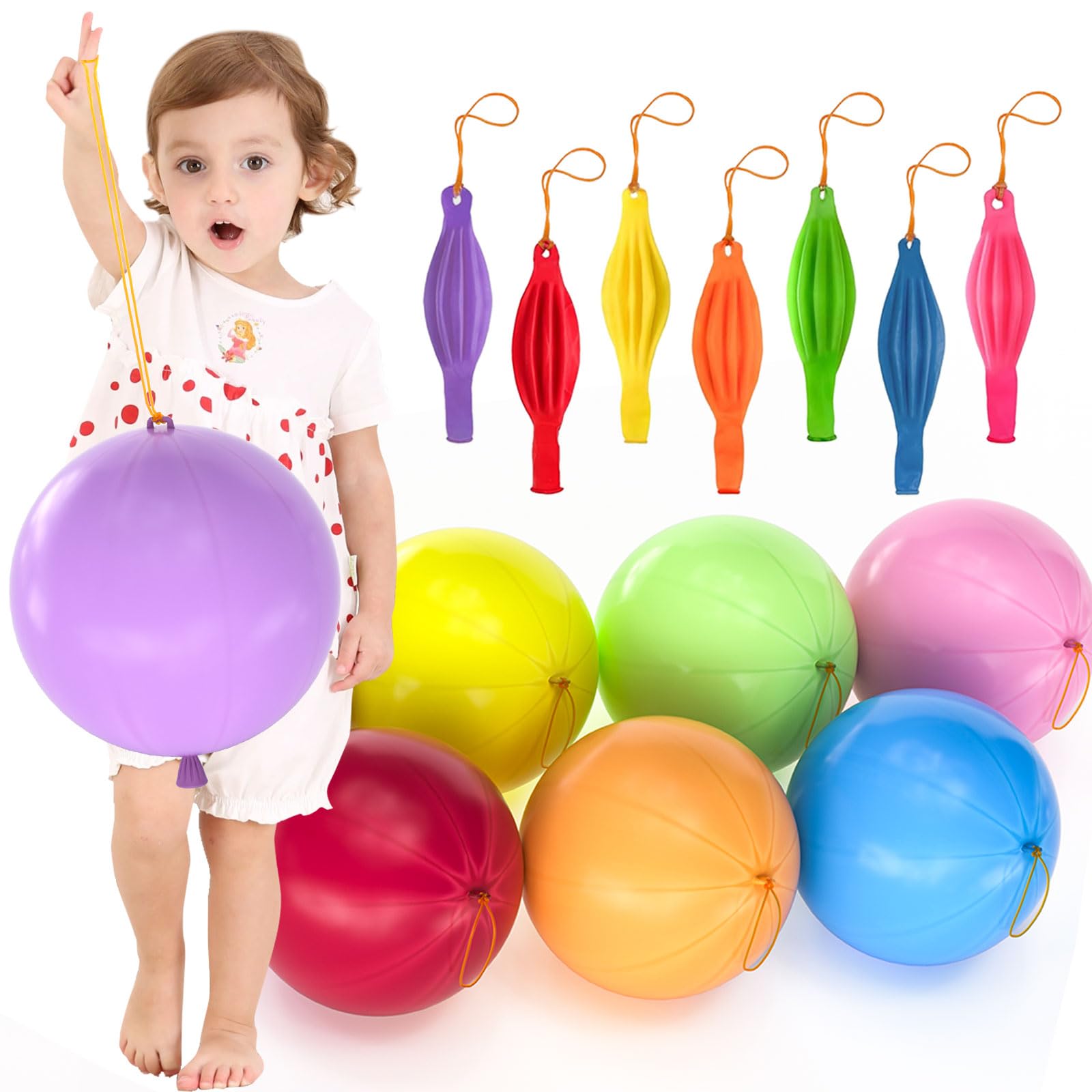 36pcs Punch Balloons Thickened neon Heavy Duty Punching Balloons with Rubber Bands Handle, 7 Colors Fun Bounce Balloons Birthday Party Favors for Kids Party Decorations.
